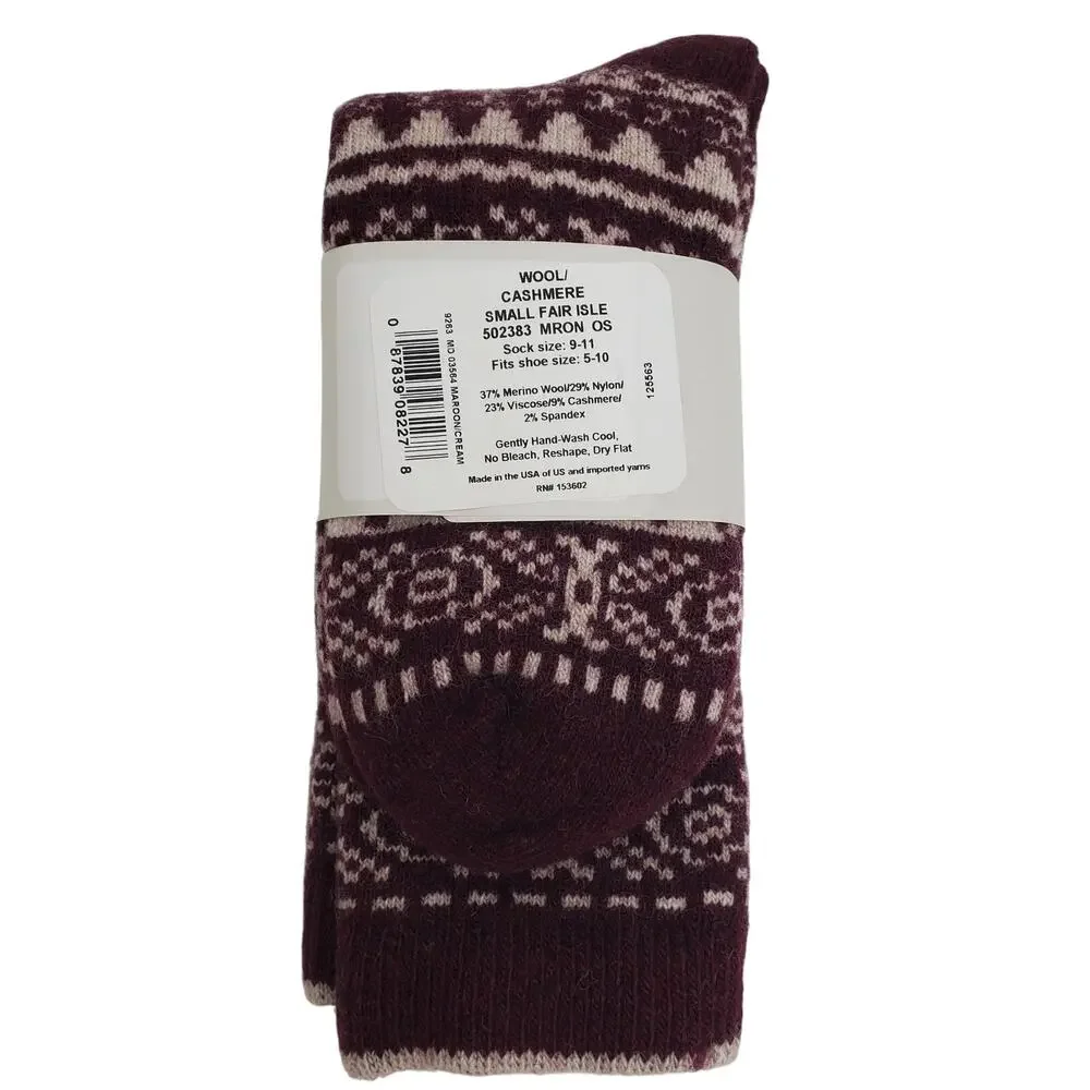Garnet Hill Fair Isle Socks 9-11 Warm Wool Cashmere Blend Soft Crew Maroon Cream
